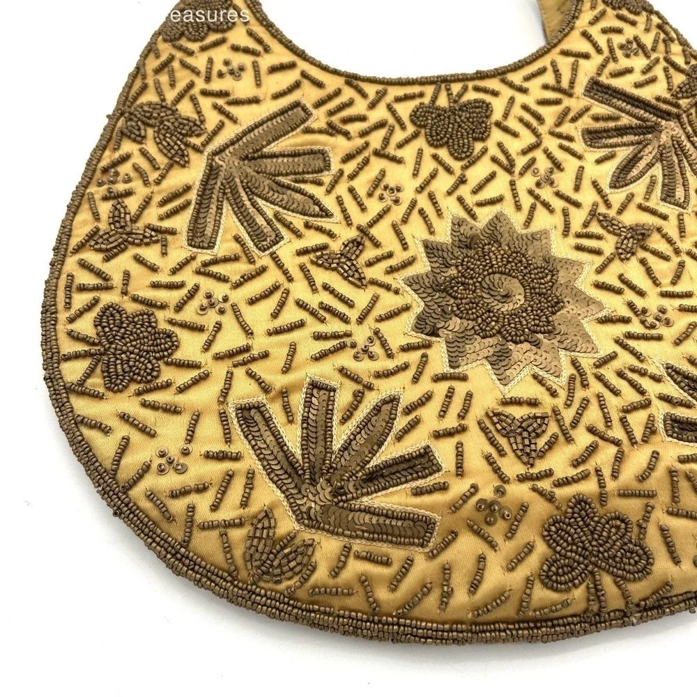 Vintage 90s Toni Women's Gold Bronze Beaded Sequined Floral Hobo Shoulder Bag